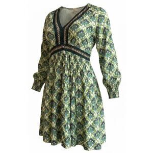 NKN Nekane Green Floral Embroidered Neckline Long Sleeve Mini Dress Size S NWT